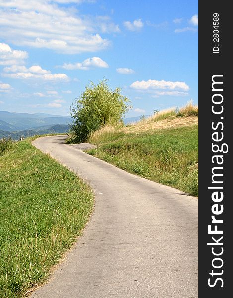 Green grass  tree, road, mountain and blue sky. Green grass  tree, road, mountain and blue sky