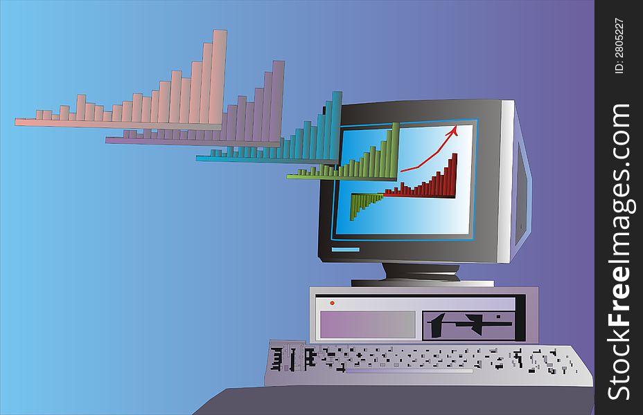 Illustration with personal computer and diagram. Illustration with personal computer and diagram