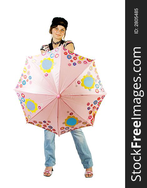 Young girl with umbrella. Isoalte on white.