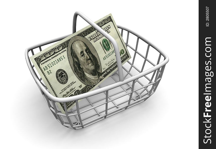 Consumer's basket with handred dollars. 3d