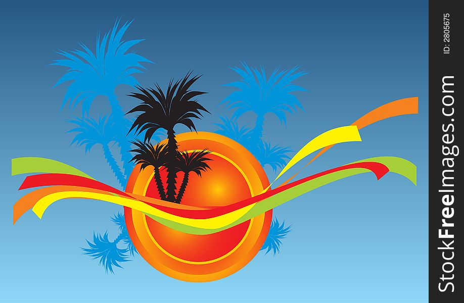 Summer ribbons illustration decorated with palm trees and abstract hot sun