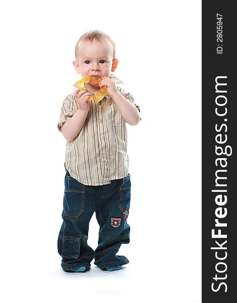 The child with a toy on a white background