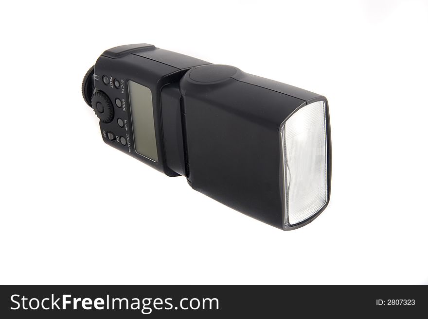 Photo of the camera flashgun isolated on the white background; photo 3 of 3. Photo of the camera flashgun isolated on the white background; photo 3 of 3
