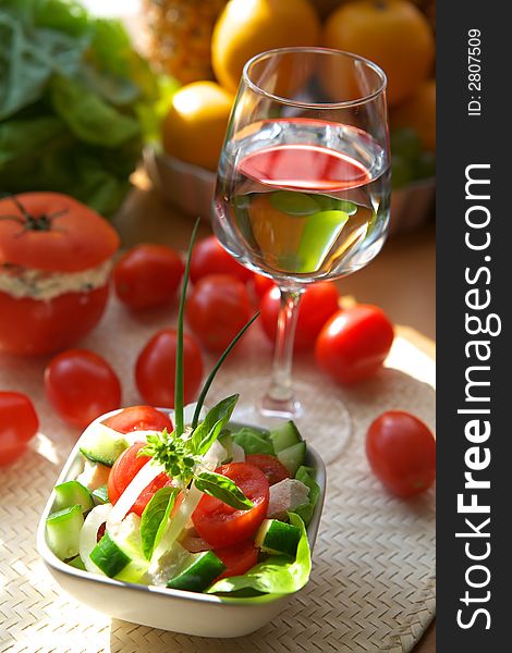 Delicious vegetable salad with tomato, onion and cucumber. Delicious vegetable salad with tomato, onion and cucumber