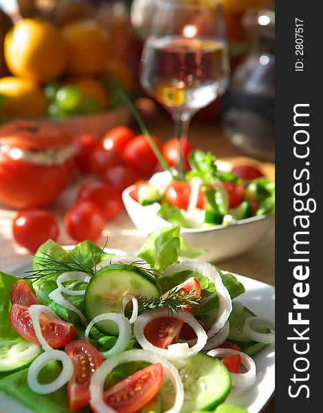 Delicious vegetable salad with tomato, onion and cucumber. Delicious vegetable salad with tomato, onion and cucumber