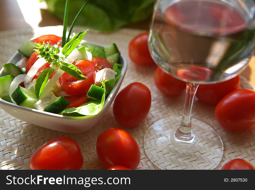 Delicious vegetable salad with tomato, onion and cucumber. Delicious vegetable salad with tomato, onion and cucumber