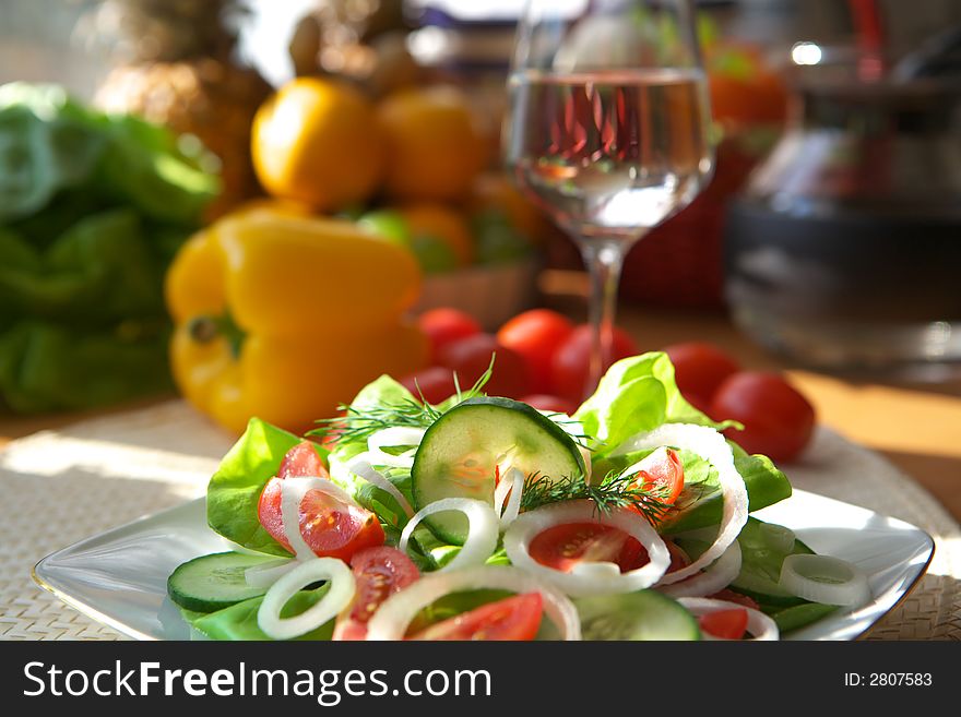 Delicious vegetable salad with tomato, onion and cucumber. Delicious vegetable salad with tomato, onion and cucumber