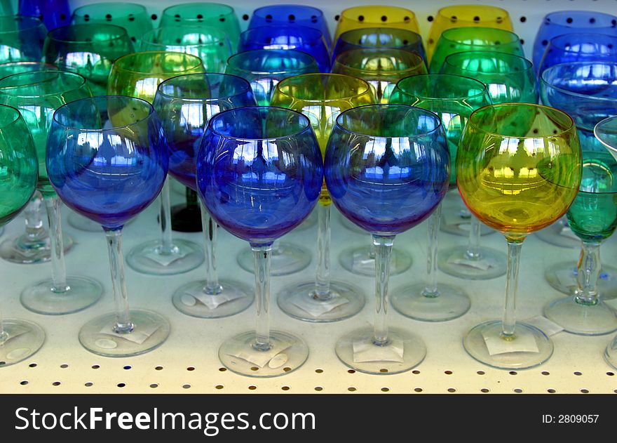 Green, blue and yellow crystal glasses for sale