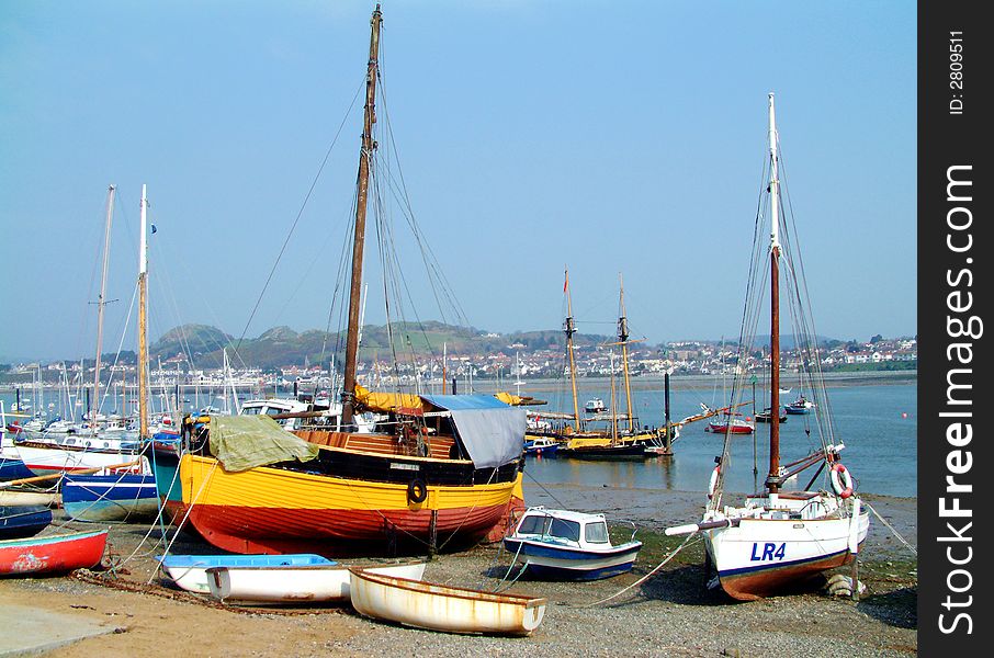 View of the boats moored in the estuary. View of the boats moored in the estuary