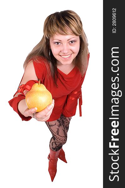 The girl offers a pear on white background. The girl offers a pear on white background