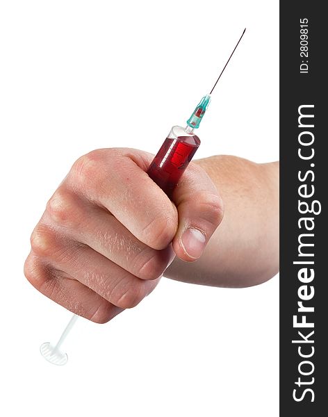 Hand and syringe with blood on a white background. Hand and syringe with blood on a white background