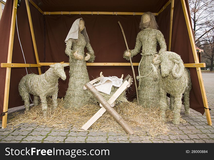 Christmas nativity scene with life-size figures in straw. Christmas nativity scene with life-size figures in straw