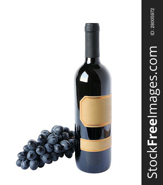 Bottle of wine and grapes cluster on a white background