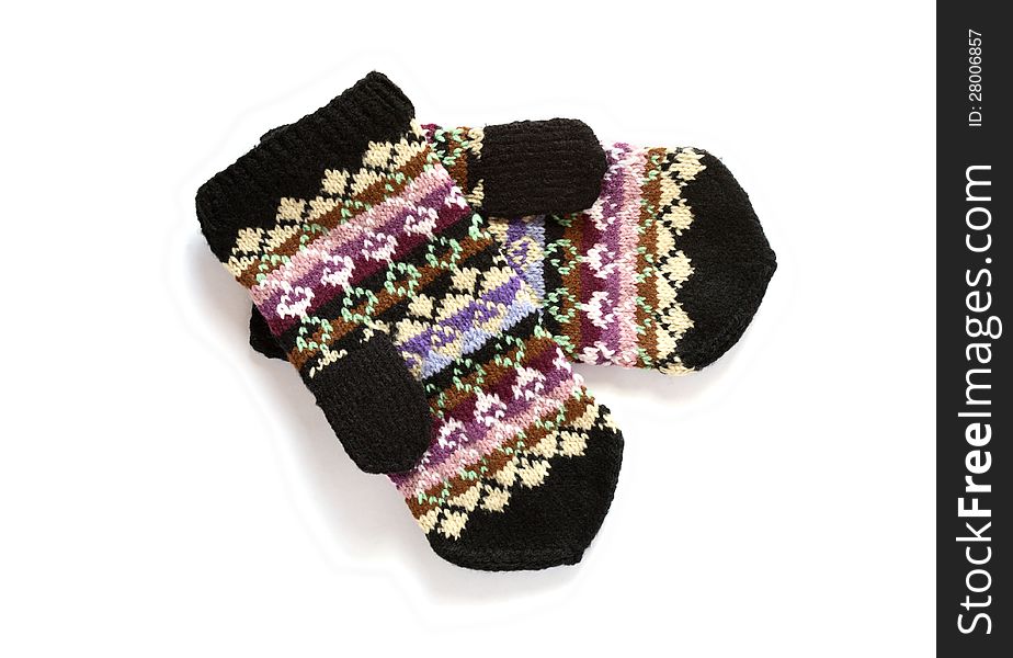 Pair of nice wool mittens on white background