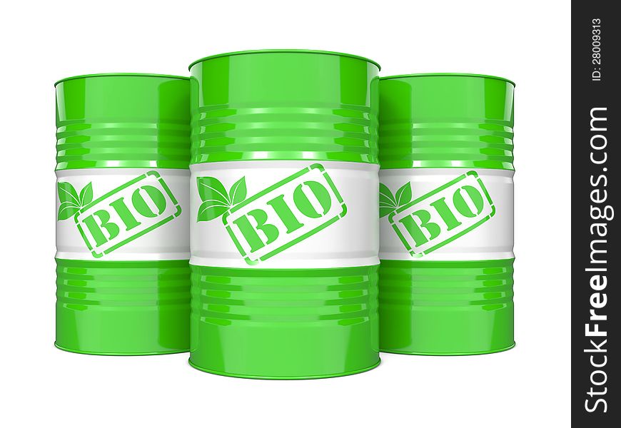 Fuel of a Biological Origin Concept. Three Green Barrels on White Background.