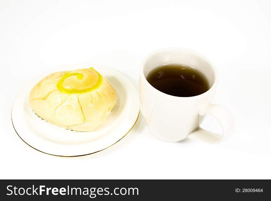 Tea cup with bakery isolate on whith background