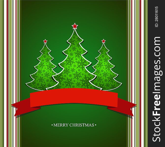 Christmas card with a green tree and the red ribbon