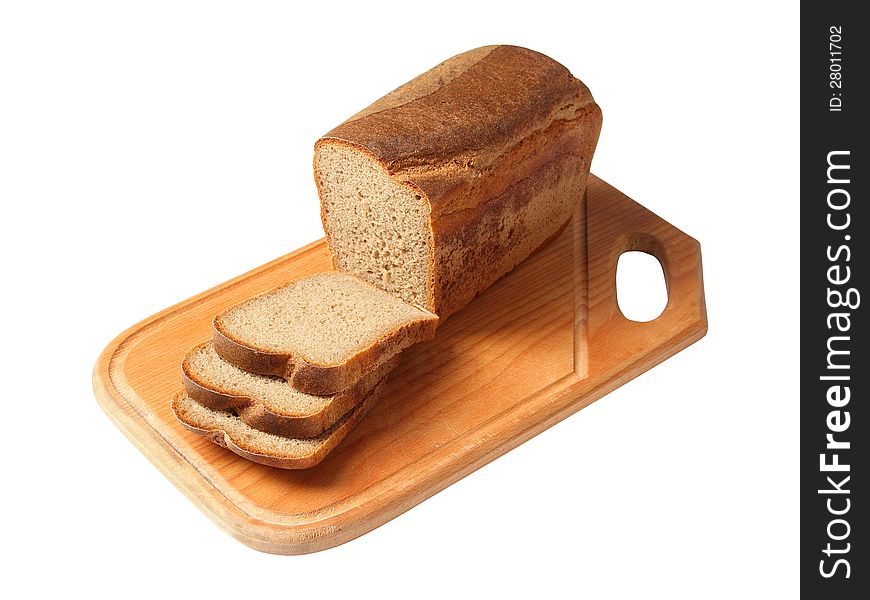One ??sliced loaf of russian brown bread on a cutting Board isolated on a white background