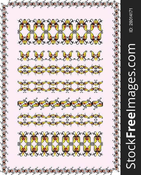 A set of seamless patterns and ornaments created from one element stylized butterfly wing. A set of seamless patterns and ornaments created from one element stylized butterfly wing