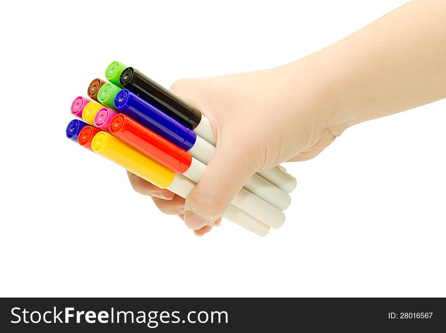 Hand holding multicolored markers isolated on white. Hand holding multicolored markers isolated on white