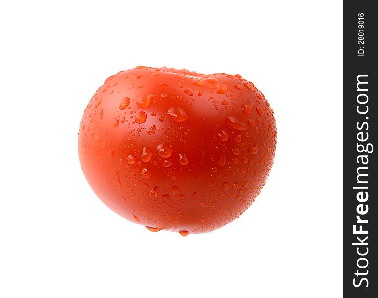 Tomato with drops on white background. Tomato with drops on white background