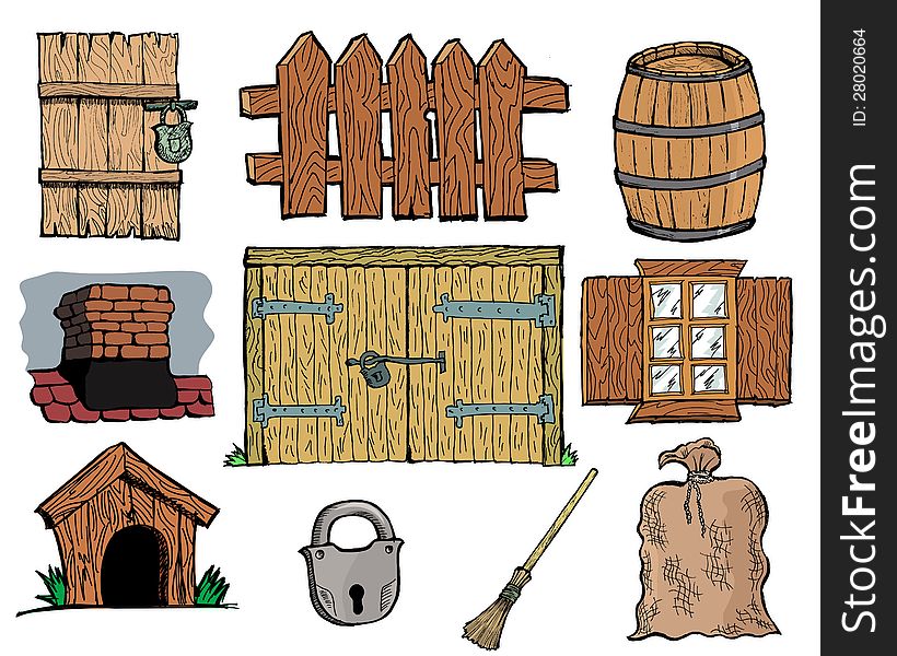 Set of hand drawn, illustration of vintage rural objects