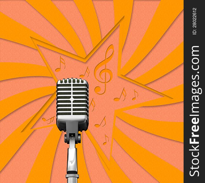Illustration of vintage microphone on music stars recycled paper craft backgrund. Illustration of vintage microphone on music stars recycled paper craft backgrund.