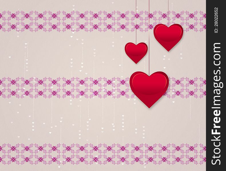 Illustration of red hearts on floral pattern texture background. Illustration of red hearts on floral pattern texture background.