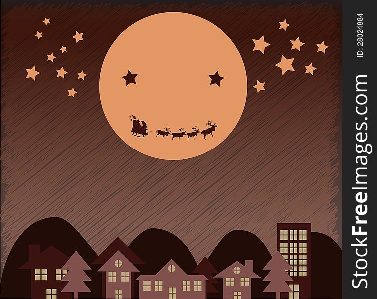 Christmas Background Santa Claus flying upper city beside Moon Graphic vector