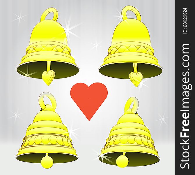 Four glittering golden bell decoration vector pack illustration