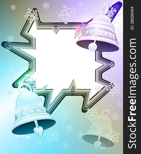 Magic blue shaded winter frame with snowfall and bells vector illustration. Magic blue shaded winter frame with snowfall and bells vector illustration