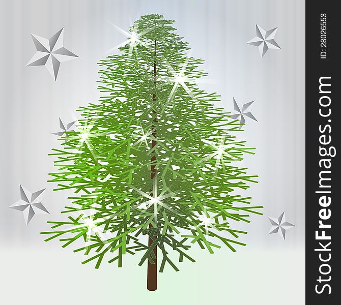 Classical green christmas tree with stars on grey background vector illustration