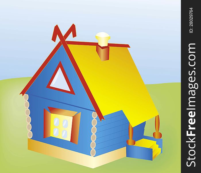 House, like a toy, on the background of the lawns and the sky. Vector cartoon illustration. House, like a toy, on the background of the lawns and the sky. Vector cartoon illustration