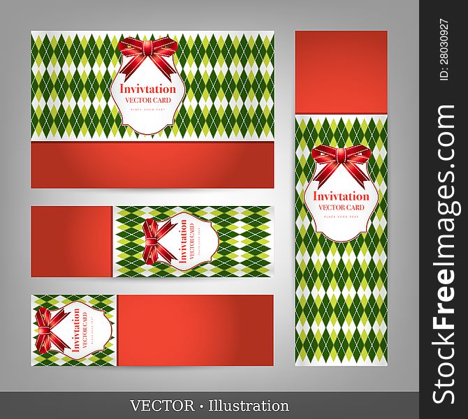 Set of card with ribbons. Invitation for Christmas and New Year. Vector Illustration.