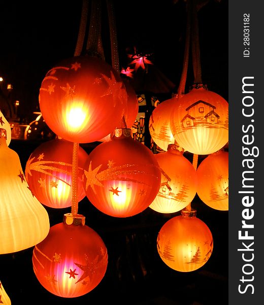 Illuminated Christmas ornaments for sale at the Weihnachtsmarkt in Annaberg, Germany.