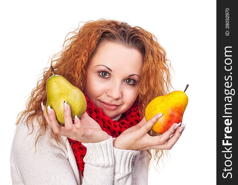 Red-haired girl with a pears isolated on white