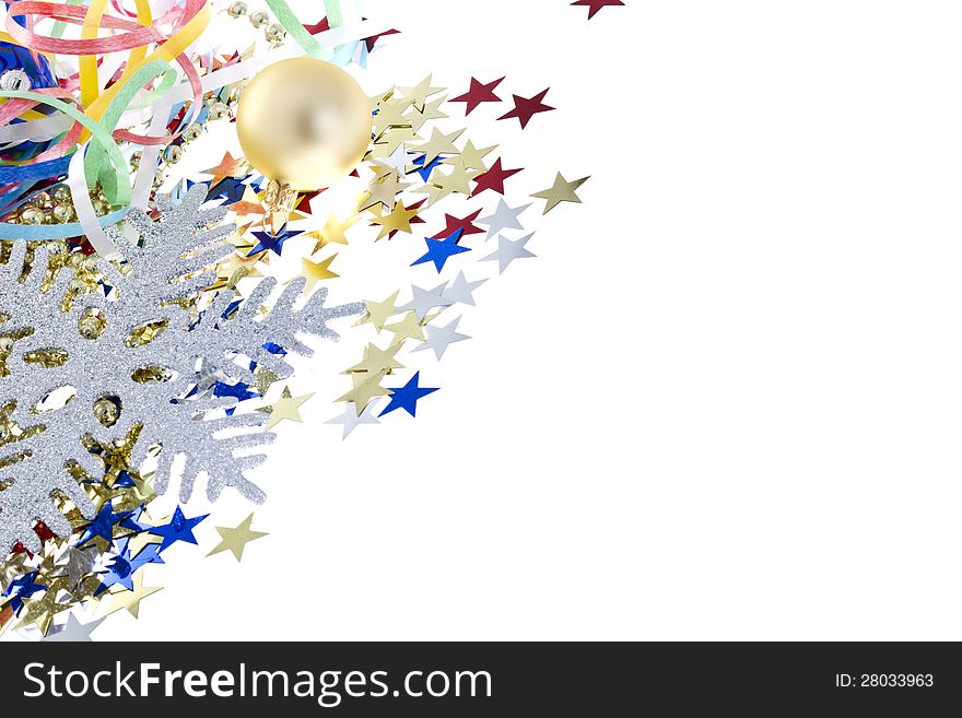 Christmas background with copy space includes: silver snowflake, star confetti and golden christmas ball. Isolated on white. Christmas background with copy space includes: silver snowflake, star confetti and golden christmas ball. Isolated on white.