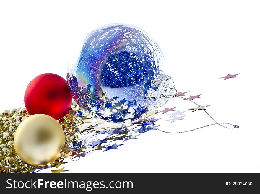 Christmas balls with confetti in a star shape isolated on white. Christmas balls with confetti in a star shape isolated on white.