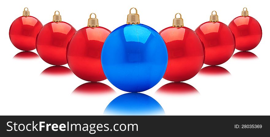 Blue bauble and red in perspective against white background. Blue bauble and red in perspective against white background.