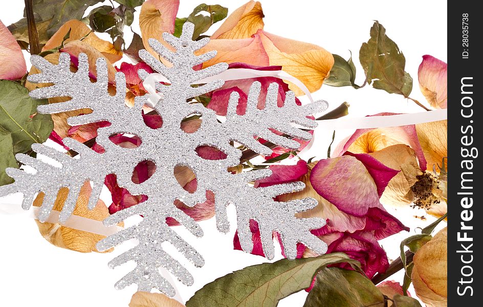 Snowflake and roses on white background.