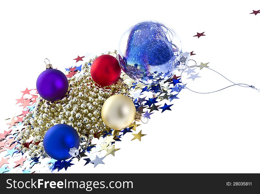 Christmas baubles firework with confetti in a star shape on white background.