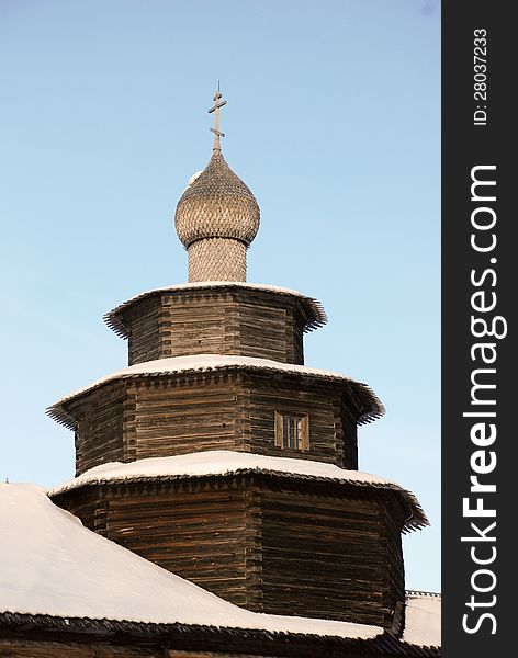 Wooden church. A museum of wooden architecture in Vitoslavlitsy