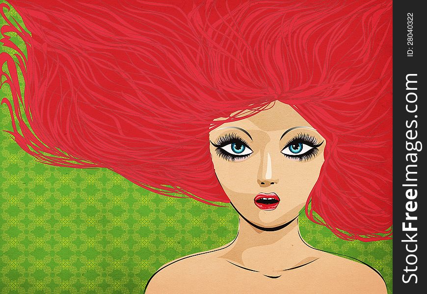 Illustration of a beautiful woman with blue eyes and red hair on green background. Illustration of a beautiful woman with blue eyes and red hair on green background.