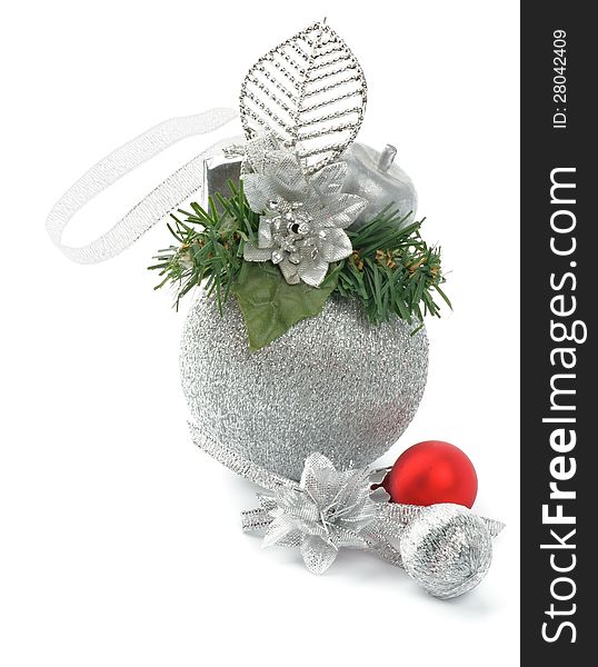 Silver and Red Christmas Baubles with Green Decoration Elements and Ribbons isolated on white background