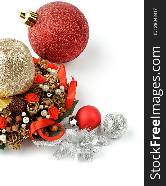 Christmas Decorations with Gold, Red and Silver Baubles and Ribbons isolated on white background