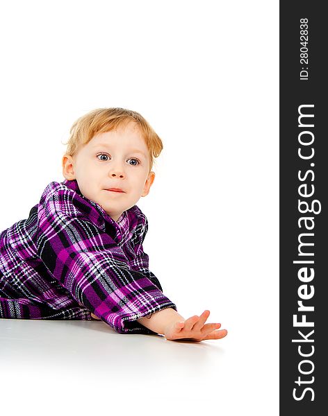 A little girl plays, look out  on white background