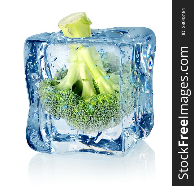 Broccoli in ice isolated on a white background