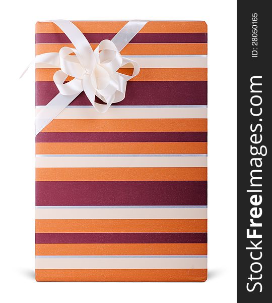 Striped box with bow on white