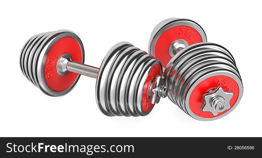 Two Iron Dumbbells Isolated on White Background. 3d. Two Iron Dumbbells Isolated on White Background. 3d