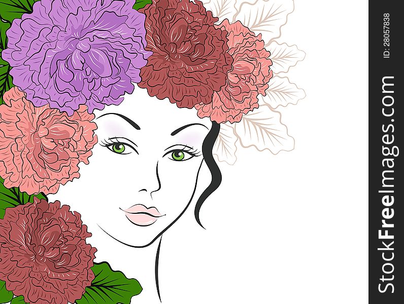 Romantic girl with floral hair. Editable vector illustration